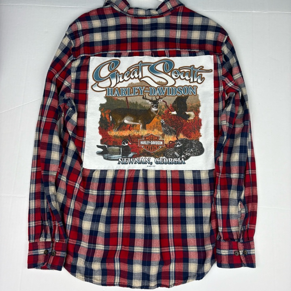 Upcycled Medium Shirt Harley Davidson Hunting Wildlife Flannel Plaid Newnan GA